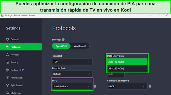 Aplicación de Windows de PIA, que muestra la configuración de los protocolos y resalta el cifrado de datos y los elementos de MTU.