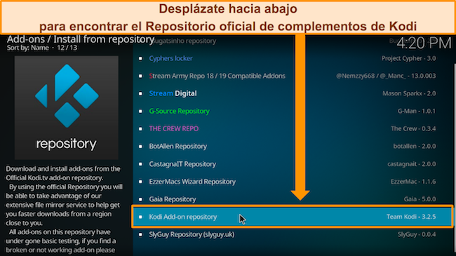 Captura de pantalla de Kodi que muestra dónde está el repositorio oficial de complementos de Kodi.