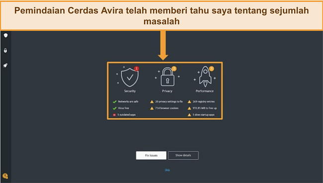 Tangkapan layar halaman hasil Pemindaian Cerdas Antivirus Avira