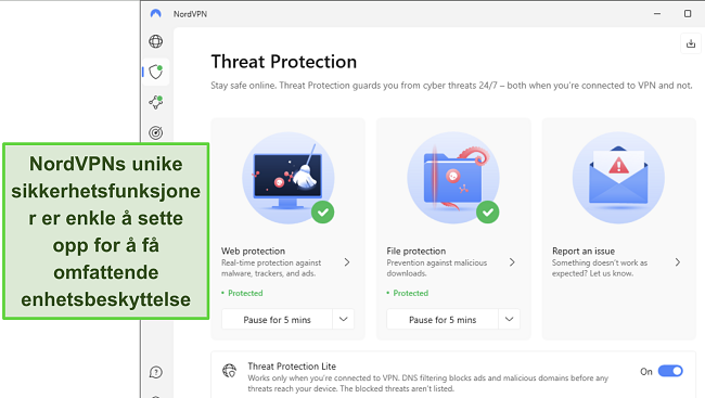 Skjermbilde av NordVPN's Windows-app, viser at Trusselbeskyttelse-funksjonen er slått på