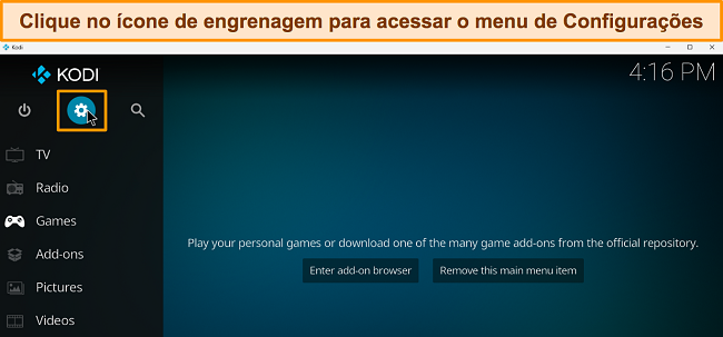 Captura de tela do Kodi com o ícone de engrenagem destacado.