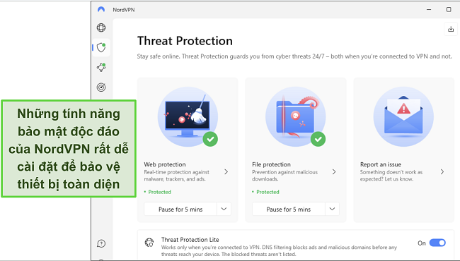 Ảnh chụp màn hình ứng dụng Windows của NordVPN, cho thấy tính năng Bảo vệ khỏi mối đe dọa được bật