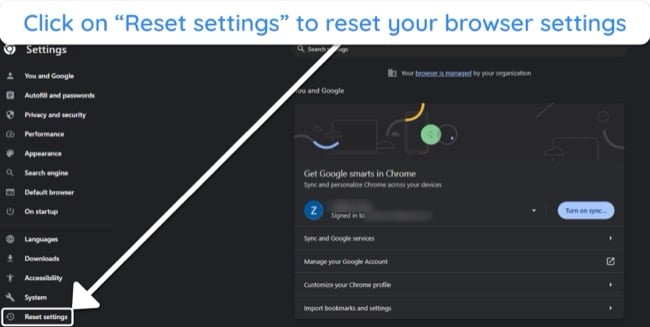 Screenshot showing how to access the reset menu in Google Chrome