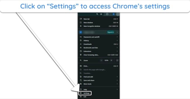 Screenshot showing how to access Google Chrome's settings