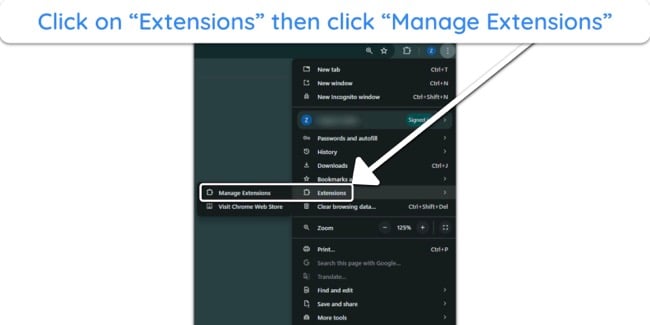 Screenshot showing how to manage extensions in Google Chrome