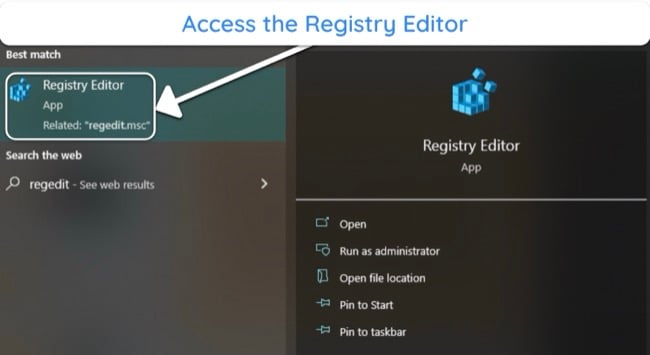 Screenshot showing how to access the Registry Editor in Windows