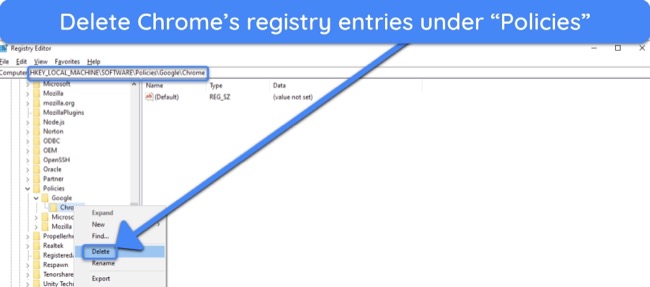 Screenshot showing how to delete potentially malicious registry keys