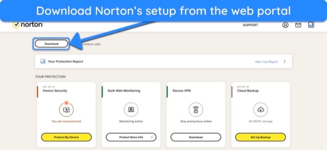 Screenshot showing how to download Norton from its web portal