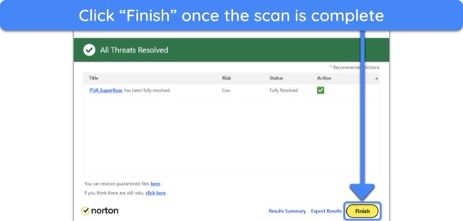 Screenshot showing how to finish Norton's scan