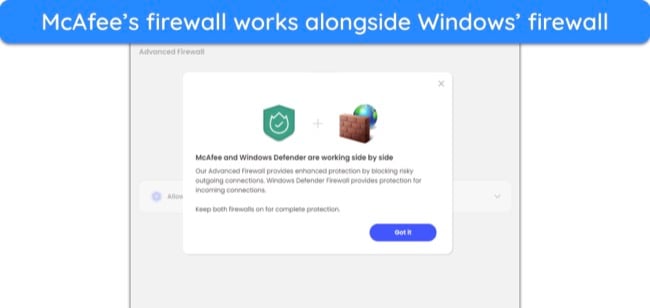 Screenshot of McAfee's firewall working alongside Windows' firewall