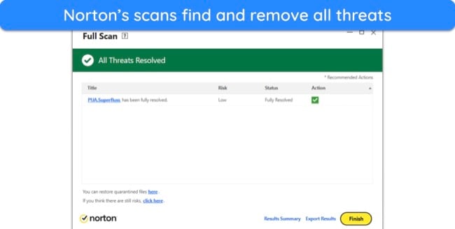 Screenshot of Norton's full scan results