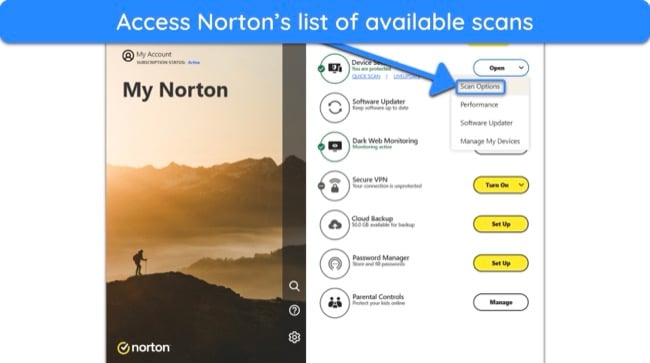 Screenshot showing how to access Norton's list of scans