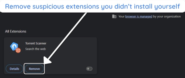 Screenshot showing how to remove a suspicious extension from Google Chrome