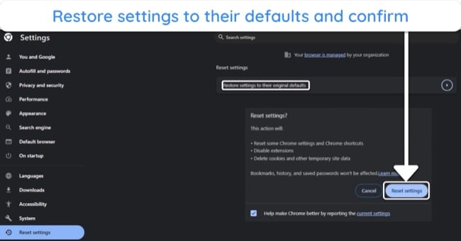 Screenshot showing how to restore Google Chrome's settings back to default