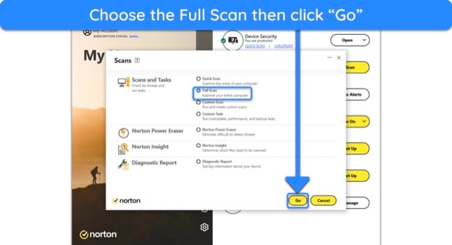 Screenshot showing how to start Norton's full scan