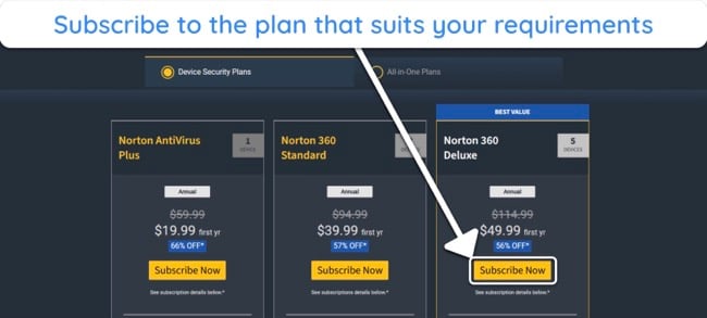 Screenshot showing how to choose a Norton subscription