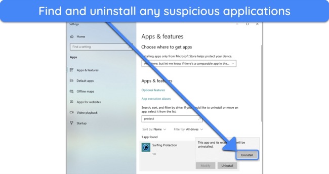 Screenshot showing how to uninstall suspicious programs using the Apps & features menu