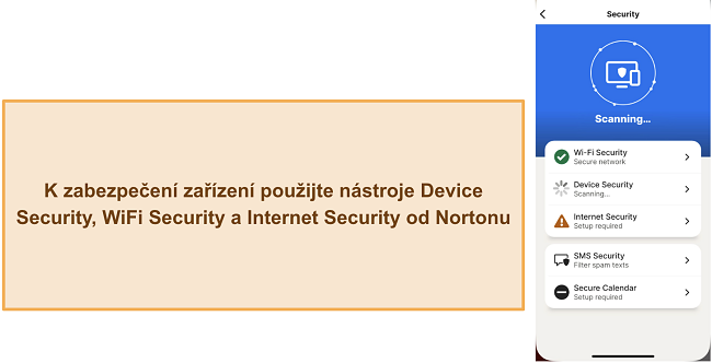 Snímek obrazovky různých bezpečnostních funkcí Nortonu