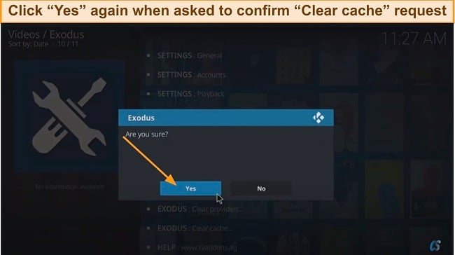 Exodus confirm clear cache screenshot