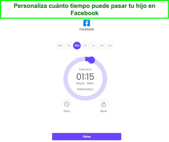 Controles parentales en captura de pantalla de control de tiempo de Facebook