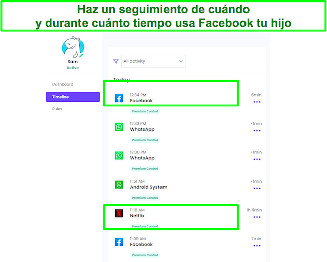 Controles parentales en la captura de pantalla del rastreador de Facebook