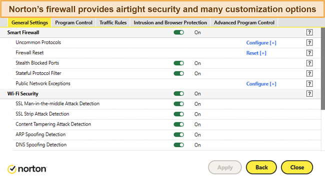 Screenshot of Norton's firewall customization options