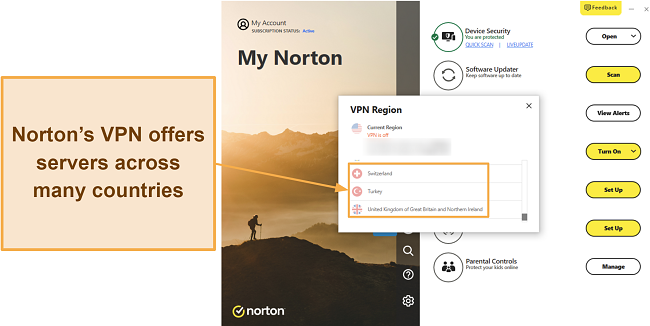 Screenshot of Norton's VPN server browser