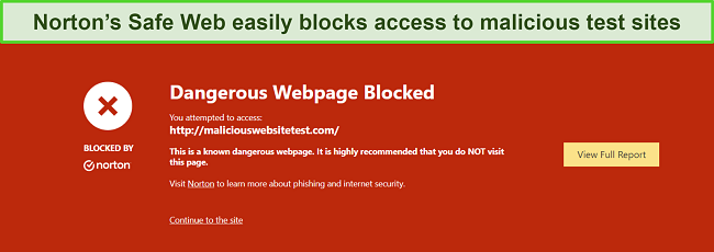 Screenshot of Nortno's Safe Web feature blocking malicious sites