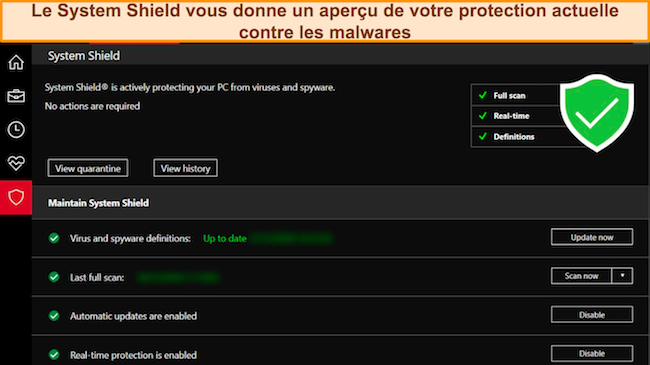 Capture d'écran de la fonctionnalité System Shield d'iolo montrant la protection active contre les logiciels malveillants en place