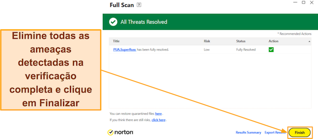 Captura de tela mostrando como concluir a verificação completa do Norton