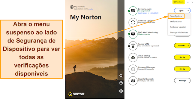 Captura de tela mostrando como acessar o menu Opções de verificação do Norton