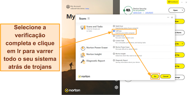 Captura de tela mostrando como iniciar a verificação completa do Norton