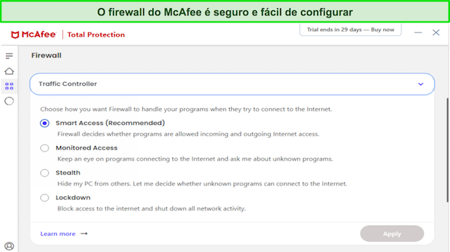 O firewall da McAfee oferece segurança hermética contra ameaças cibernéticas.