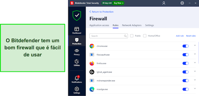 Você pode ajustar as configurações e regras do firewall do Bitdefender ao seu gosto