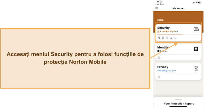 Captură de ecran care arată cum să accesezi funcțiile de securitate Norton pe iOS