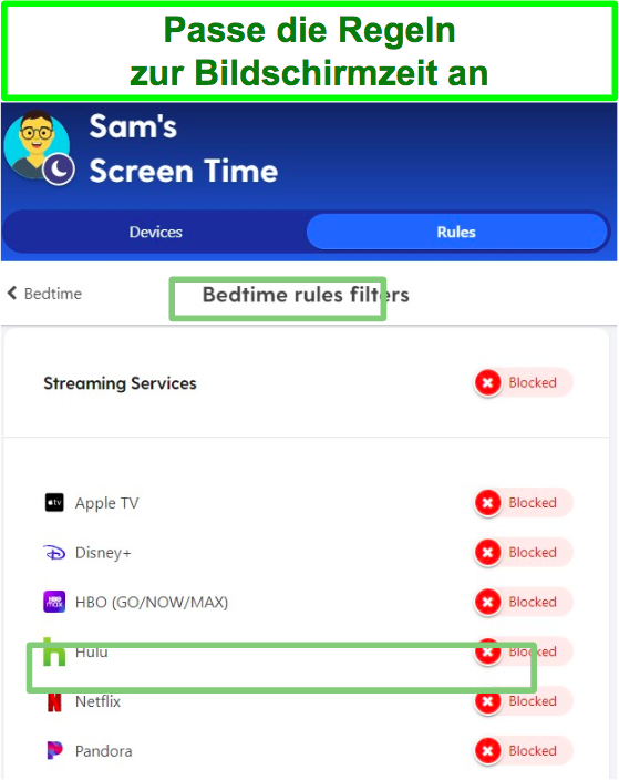Screenshot der Bildschirmzeitregeln für die Kindersicherung von Netflix