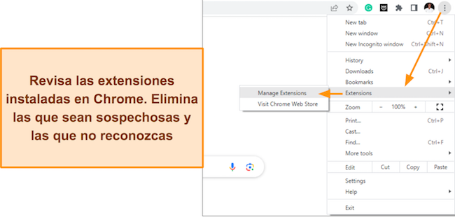 Captura de pantalla de la opción del menú de Chrome que muestra el botón de extensiones