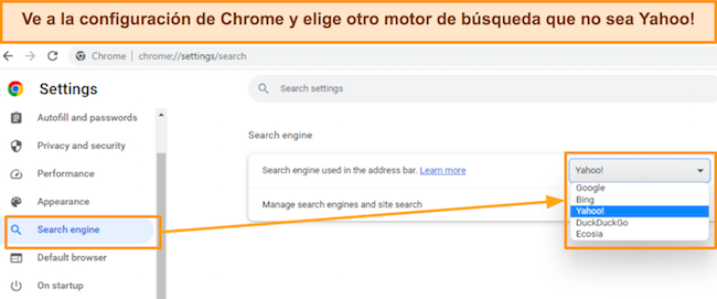 Captura de pantalla que muestra la pestaña del motor de búsqueda de Chrome