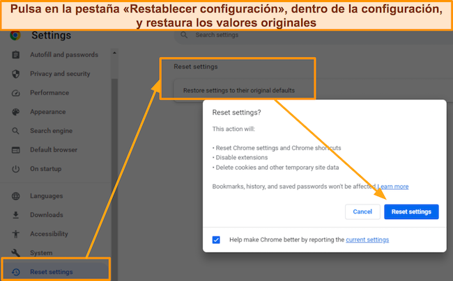 Captura de pantalla que muestra la opción Restaurar configuración de Chrome