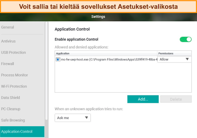 Kuvakaappaus Pandan Application Control -asetusvalikosta