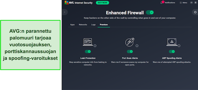 AVG:n sovellus, joka näyttää parannetun palomuurisuojauksen