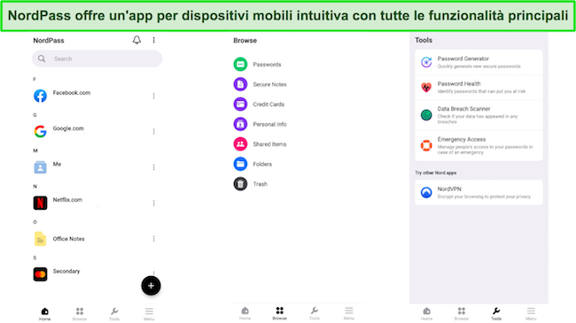 Screenshot dell'interfaccia dell'app mobile NordPass che ne mostra il design pulito, l'elenco delle password e la navigazione intuitiva