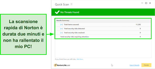 Screenshot della schermata dei risultati della scansione rapida di Norton