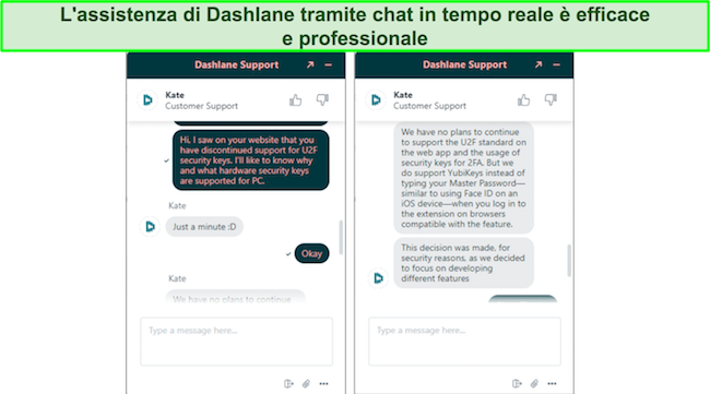 Screenshot di una conversazione con il supporto tramite chat dal vivo di Dashlane