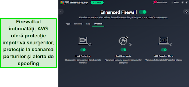 Aplicația AVG afișează protecție îmbunătățită pentru firewall