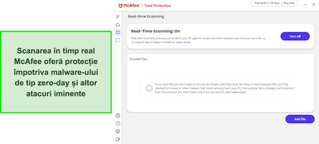 Aplicația McAfee afișează scanarea cu protecție în timp real activată