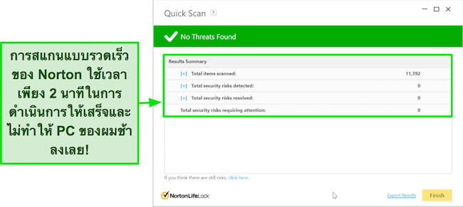 สกรีนช็อตของหน้าจอผลลัพธ์การสแกนด่วนของ Norton