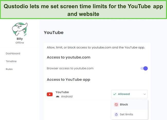 Qustodio makes it easy to block or set time limits on YouTube