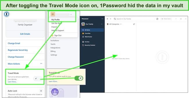 Screenshot of 1Password Travel Mode activated.