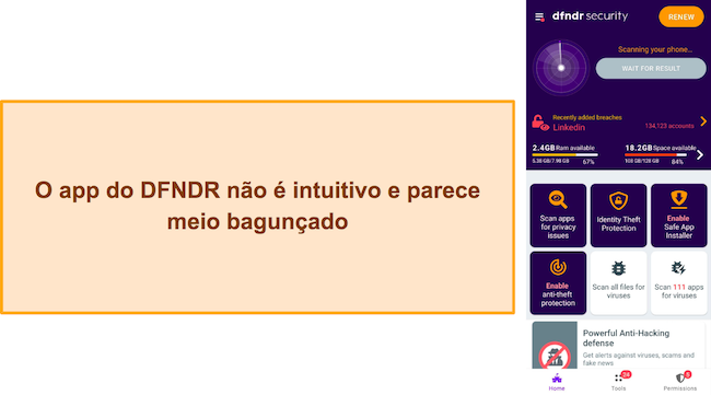 Captura de tela do menu principal do DFNDR Security